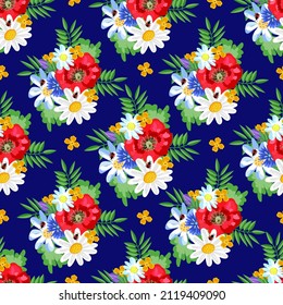 Daisies, cornflowers, red poppies. Meadow flowers on a dark background. Pattern for textiles, wallpaper, background, wrapping paper, fabric.