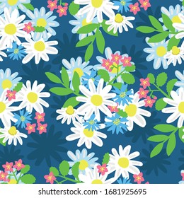 Daisies and cornflowers are simple on a blue background. Abstract pattern for background, Wallpaper, packaging paper, textiles, fabric.