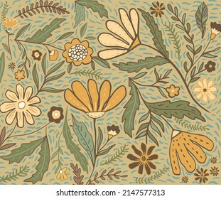 Daisies, dandelions, needles, grass, greens. Beautiful, modern print. A great option for printing on fabric, packaging. Vector graphics