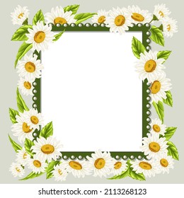 Daisies en la decoración del marco.Ilustración vectorial con un bonito marco y mareas en la decoración.