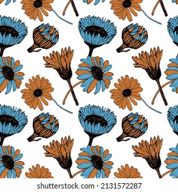 Daisies doodle pattern. Blue and orange flowers of a wild plant . Buds and leaves with a black outline . The blank is drawn by hand . Design for fabric, printing, packaging paper