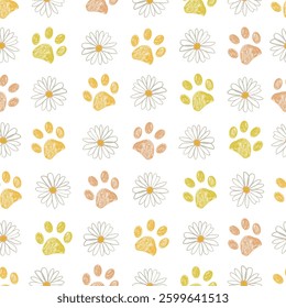 Daisies and doodle paw prints seamless fabric design pattern