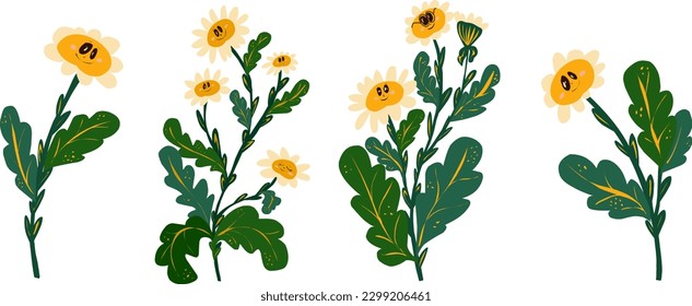 Daisies with emotions. Vector set of hand drawings. Flat illustration. Elements for design