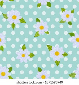 Daisies flat illustration over sky blue polka background seamless pattern