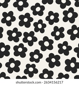 Daisies, floral pattern design. Seamless black and white background with cute flowers, petals, groovy trippy texture, print in modern style. Repeatable flat vector illustration for fabric, textile