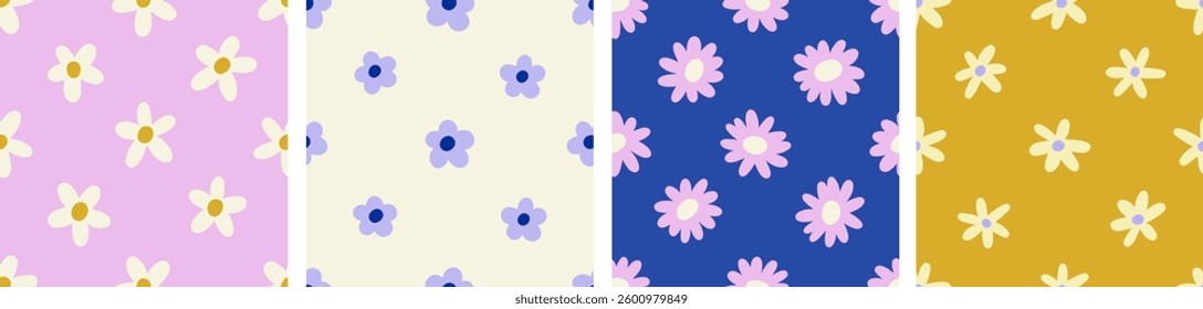 Daisies, floral patterns set. Seamless texture design with simple flowers in doodle groovy style. Endless repeatable print with hippie blossoms for summer textile, fabric. Flat vector illustration