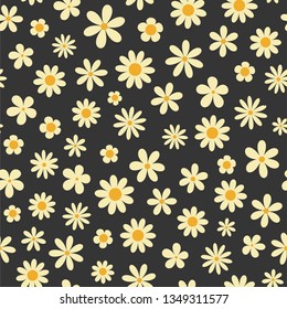 Daisies floral simple seamless vector pattern om black background
