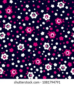 Daisies flower pattern and polka dots on dark blue background for fabric print