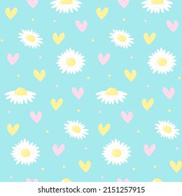 Daisies flowers and hearts pastel seamless pattern. Creative kids texture. Vector illustration.