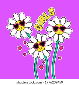 DAISIES FLOWERS ILLUSTRATION, VECTOR OF A BUNCH OF FLOWERS WITH SUNGLASSES AND HEARTS, SLOGAN PRINT