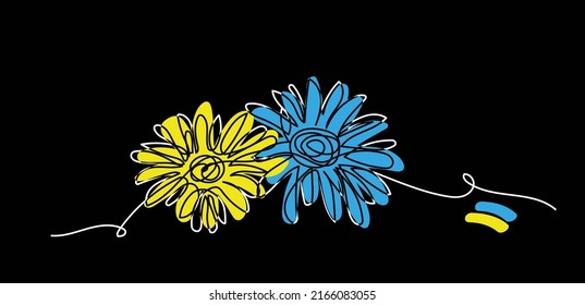 Gänseblumen, Vektorgrafik auf schwarzem Hintergrund.Ukrainische Blau- und Gelbfarben. Eine fortlaufende Kunstzeichnung mit ukrainischer Flagge.