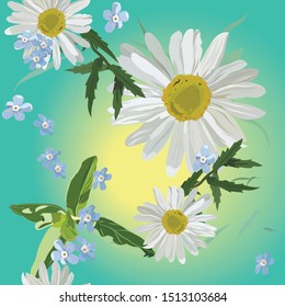 Daisies and forget-me-nots - wildflowers on a blue background with a yellow sun. Seamless pattern, vector art. Greeting card, wallpaper, print for fabric.