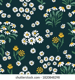 Daisies garden on black background. Seamless vector pattern in repeat. Retro textile collection.