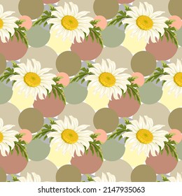 Daisies and geometric shapes.Multicolored circles and daisies in a seamless vector pattern.