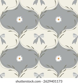 Daisies and grandmilenial ribbon bows vector seamless pattern in vintage style. Perfect for fabric design and wallpaper