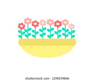 Daisies grow in clay pot vector isolated. Spring pink and red color flowers with green stems and leaves, growing in ground or sand, springtime elements