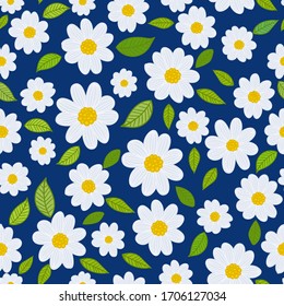 Daisies handmade illustration blue background seamless pattern