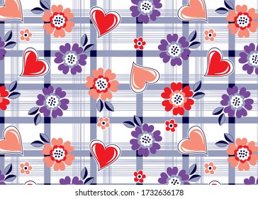 Daisies and hearts pattern on plaid background for textile design,fashion print,fabric 