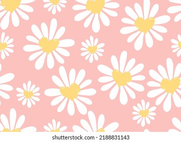 Daisies and hearts seamless pattern. Chamomile flowers. Vector background.