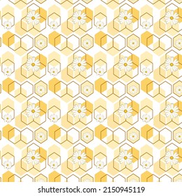 Daisies and honeycombs in a pattern.Vector seamless pattern with daisies and honeycombs on a colored background.