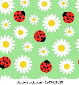 Daisies and ladybugs seamless pattern. Vector illustration on green background