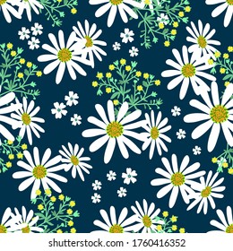 Daisies large and Lapchatka on a blue background. Summer pattern with flowers vector seamless pattern for textile, fabric, wrapping paper, Wallpaper, background.