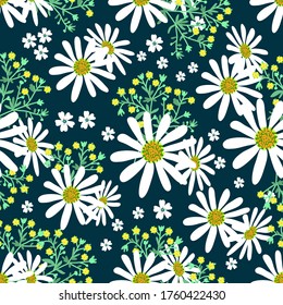 Daisies large and Lapchatka on a blue background. Summer pattern with wild flowers vector seamless for textiles, fabric, packaging paper, Wallpaper, background 02.