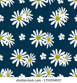Daisies are large and simple on a blue background. Pattern simple summer vector seamless pattern for textile, fabric, wrapping paper, Wallpaper, background.