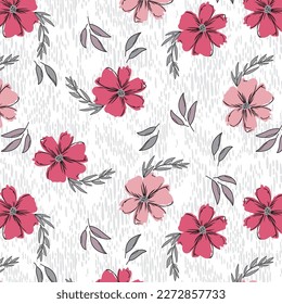 Daisies with leaves on gray melange background for textile print