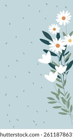 Daisies and leaves on a light blue background. Simple floral design