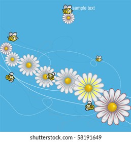 DAISIES meadow with bees background, vector