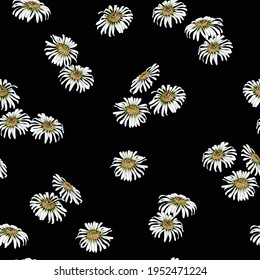 Daisies sobre un fondo negro patrón vectorial sin costura para tela.