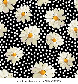 Daisies on the black background with white dots. Vector seamless pattern with wild summer flowers.