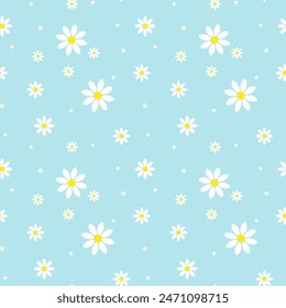 Daisies on a blue background. Seamless pattern. Yellow and White chamomile flowers on light blue background. Decorative print for wallpaper, wrapping, textile, fashion fabric or other printable covers