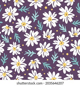 Daisies on a field. Seamless pattern with hand drawn illustration with floral theme