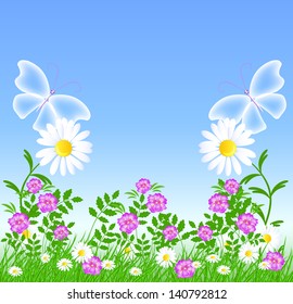 Daisies on the green grass and transparent butterflies