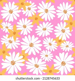 daisies on a pink background. scattered
hand drawn flowers. hippie pattern. seamless pattern of floral decor for fabric and prints.