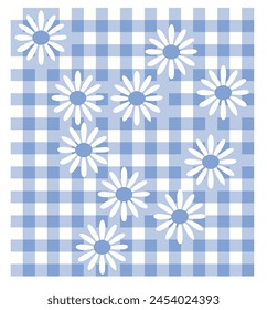 Daisies on a seamless checkered background. Ideal for use on tablecloths, clothing, shirts, dresses, paper, bedding, blankets and other textile products. Vector illustration
