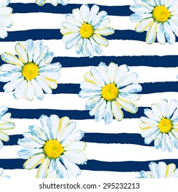 Daisies on the striped nautical background. Watercolor seamless pattern with wild summer flowers.