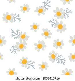 Daisies on the white background. Vector seamless pattern with sunny summer flowers. Meadow floral print. Cute illustration. Minimalistic design. Chamomile.