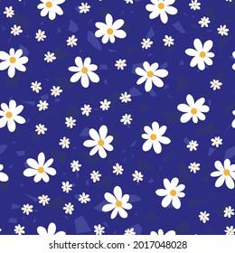 Daisies pattern or chamomile. Backgrounds for scrapbook. Seamless background with white daisies on blue. Pattern for textiles, fabrics, bed linen, wallpaper. Decorative print with chamomile. Vector 