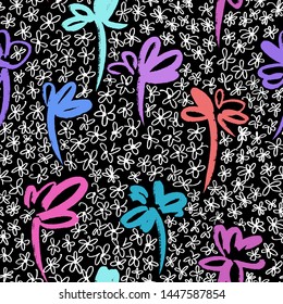 Daisies pattern. Floral seamless background. Doodle flowers. Outline drawing. Simple botanical vector background. 