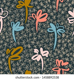 Daisies pattern. Floral seamless background. Doodle flowers. Outline drawing. Simple botanical vector background. 