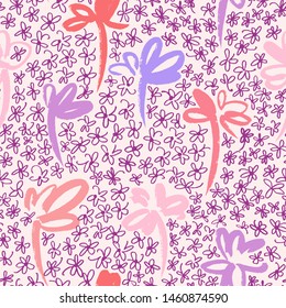 Daisies pattern. Floral seamless background. Doodle flowers. Outline drawing. Simple botanical vector background. 