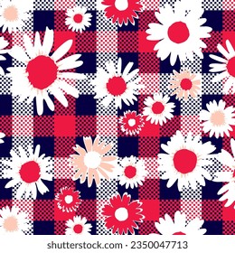 Daisies pattern on checkered background