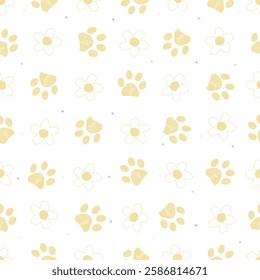 Daisies and paw prints with stars. Seamless fabric design pattern