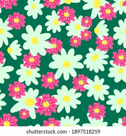 Daisies and pink flowers are simple large on a green background. Pattern for textiles, background, packaging paper, fabric, wallpaper.