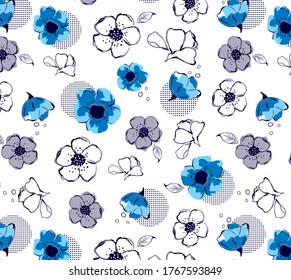 Daisies with polka dots figures blue design for textile print