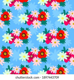 Las margaritas y las amapolas son simples y grandes con un fondo azul. Patrón para textiles, fondo, papel de embalaje, tela, papel pintado.