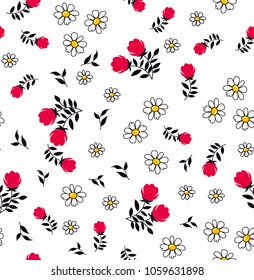 Daisies and Red Flowers pattern with leaves for textile design,fashion print